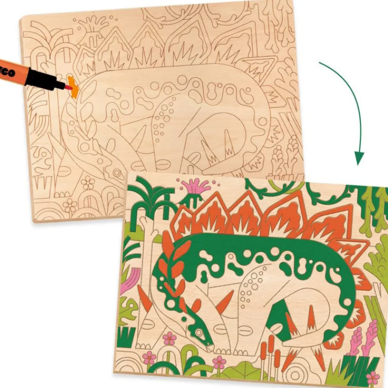 Djeco Coffret coloriage sur bois "Dino world" 8739< Dessin, Peinture, Coloriage
