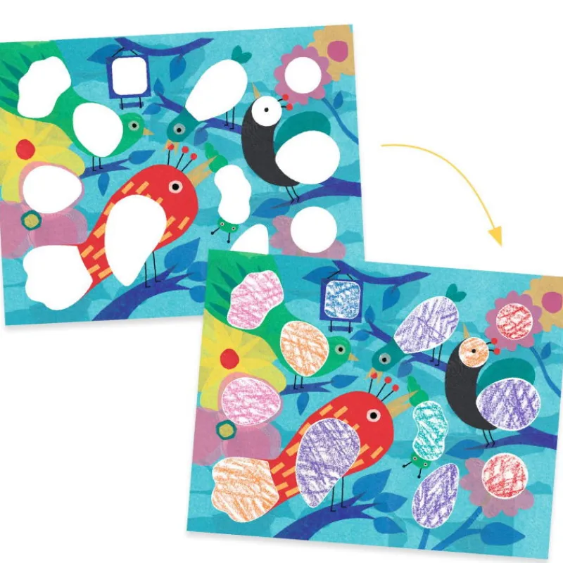 Djeco Coffret pour colorier au pochoir "Piou piou & Co" 8993< Pochoirs Djeco | Dessin, Peinture, Coloriage