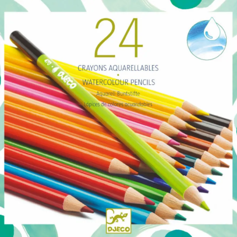 Djeco 24 crayons de couleur aquarellables 9754< Feutres, Gouaches Et Pinceaux