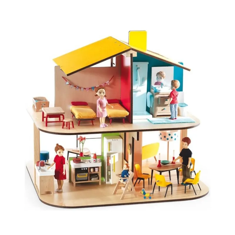 Djeco Maison de poupées meublée Color + poupées< Maison De Poupées