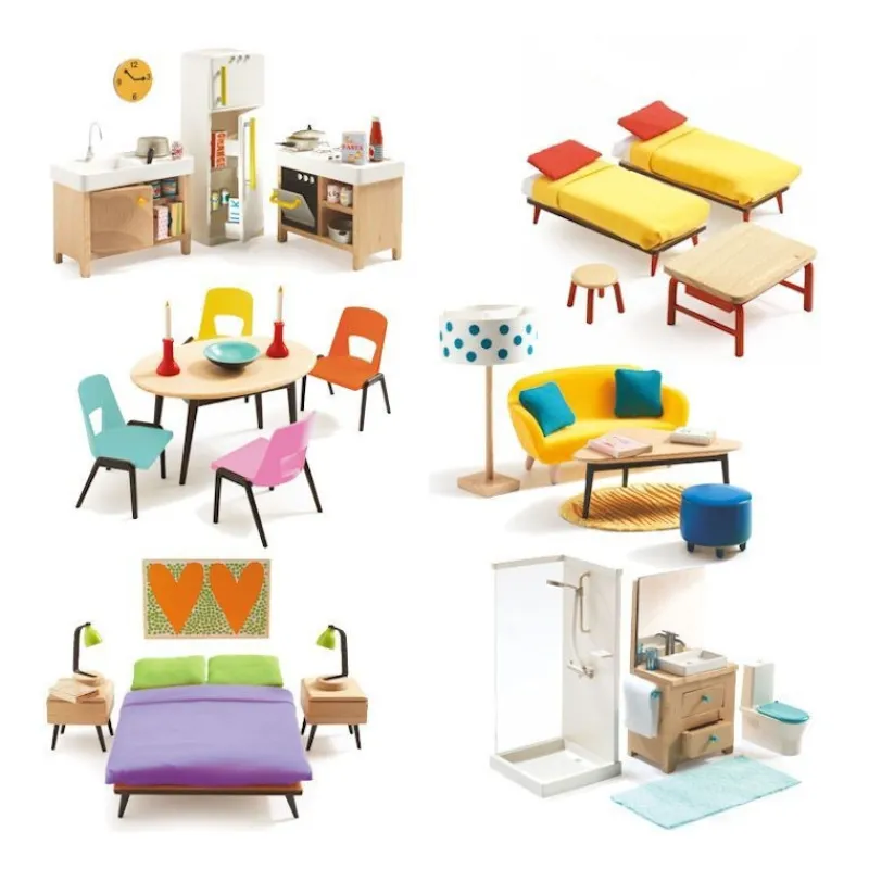Djeco Maison de poupées meublée Cubic + Poupées< Maison De Poupées