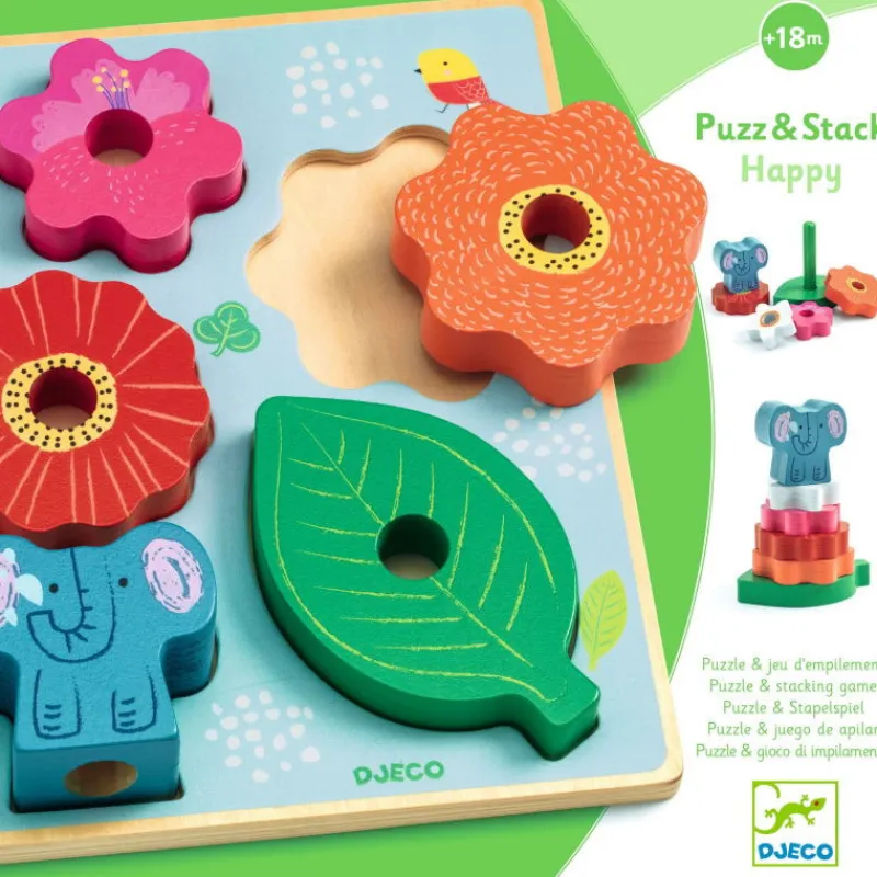 Djeco Puzzle d'encastrement et jeu d'empilement "Puzz & Stack Happy" 1074<Enfant Puzzle Djeco | Puzzles 1er Age