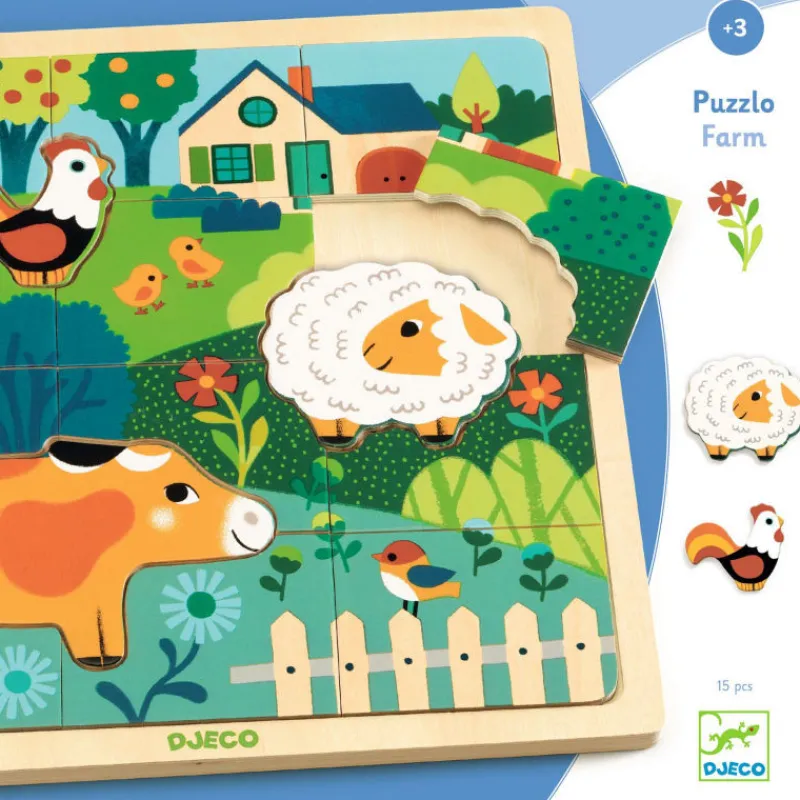 Djeco Puzzle en bois 'Puzzlo Ferme' 15 pcs 1825<Enfant Puzzle Djeco | Puzzles Dès 2 Ans: 2, 12 Et 24 Pcs