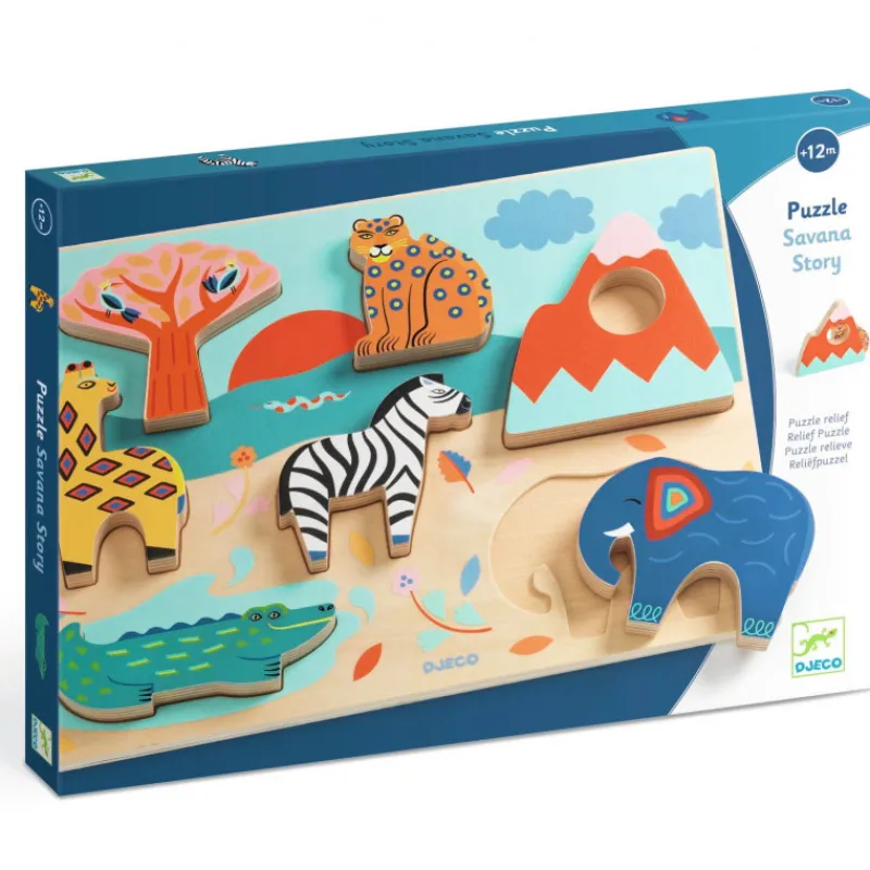 Djeco Puzzle relief en bois Savana Story, jeu d'encastrement 1068<Enfant Puzzle Djeco | Puzzles 1er Age